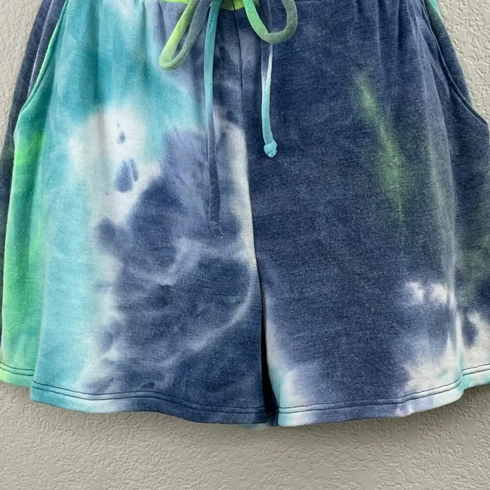 New Shopin LA Blue Green Multi Tie Dye Elastic Waist Sweat Shorts L Gorpcore